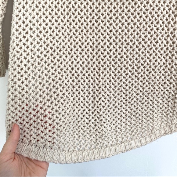 Chelsea & Theodore Beige Cream Open Knit 3/4 Sleeve Crewneck Round Hem Sweater - Picture 6 of 7